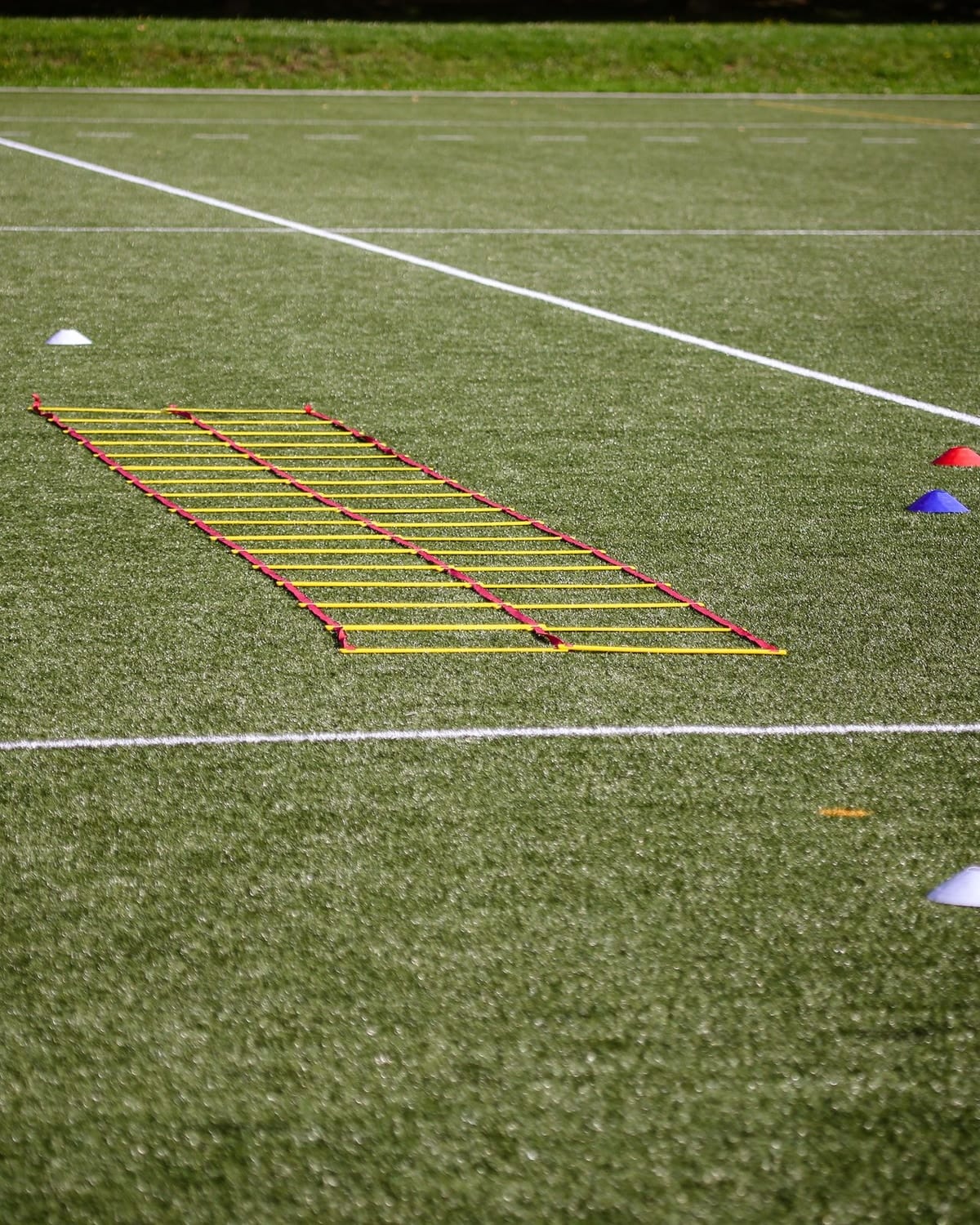 An agility ladder and marker cones laid out on a pitch